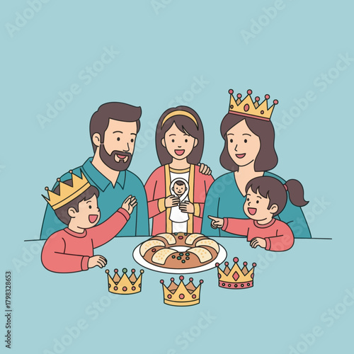 Happy family celebrating epiphany, eating rosca de reyes and wearing crowns. Vector illustration.