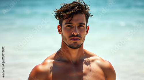 Tanned and muscular Latin European Greek descendant enjoying the beach. Sexy summer concept with a shirtless, sweaty, and handsome gay man