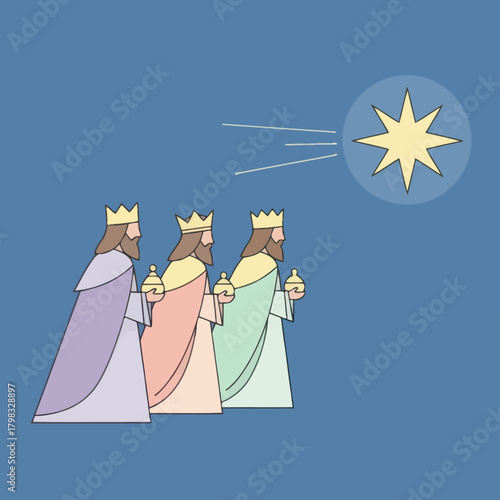 Three kings follow the star of bethlehem holding gifts in a religious christmas scene.