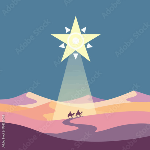 Three wise men journeying through desert, following the star of bethlehem, vector illustration.