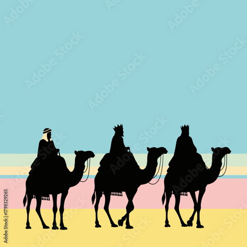 Three wise men riding camels in silhouette style. Biblical magi concept illustration.