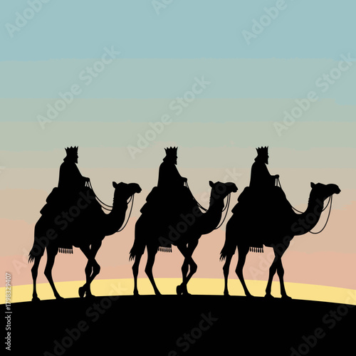 Three wise men on camels silhouette. Biblical magi following the star of bethlehem.