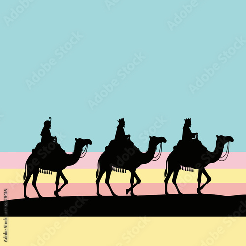 Three wise men on camels silhouette, following the star to bethlehem, vector illustration.
