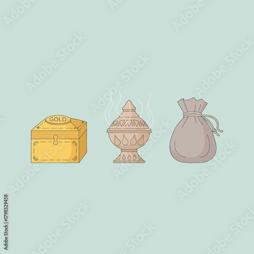 Vector illustration of a gold treasure chest, smoking incense burner and money bag.