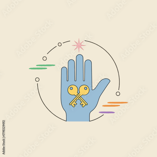 Golden keys on a blue hand with star above. A symbol of opportunity and success.