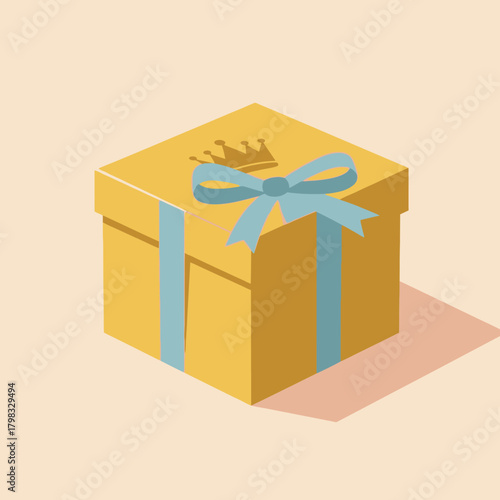 Vector graphic of a gold gift box with a blue ribbon and a crown on a beige background.