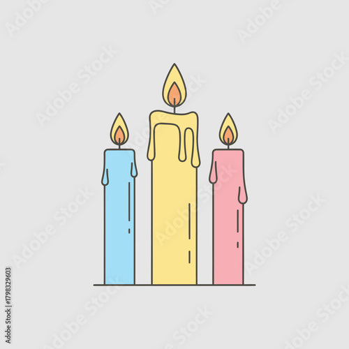 Three colorful burning candles with wax drips, creating a warm and inviting atmosphere.