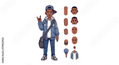 Cartoon African American Boy Character Design with Interchangeable Parts