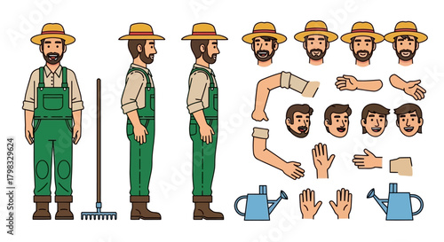 Farmer Character Kit Customizable Person with Tools, Expressions, and Poses for Agricultural Design