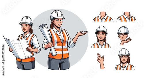 Female Construction Worker Character Set Blueprint, Presentation & Poses