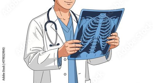 Medical professional examining a detailed x-ray of a patient's bones, providing healthcare services