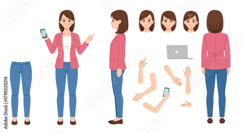 Fashionable Woman Character Creation Kit with Various Poses and Expressions