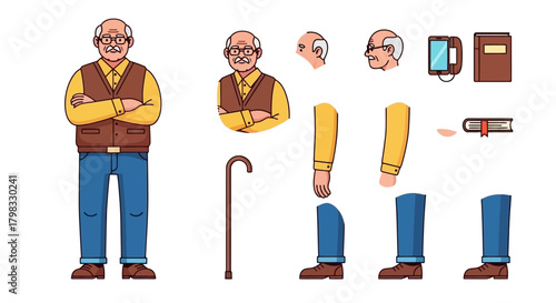 Cartoon Character Breakdown Illustration of an Elderly Man with Separate Body Parts for Animation