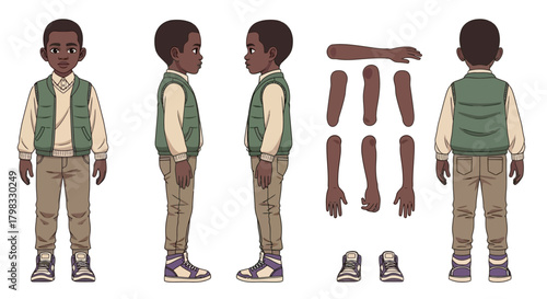 Diverse Illustration of a Young Boy with Separate Limbs for Animation and Character Design
