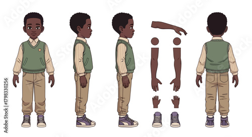Character Design African American Boy in Vest - Front, Side, and Back Views with Arm and Leg Parts