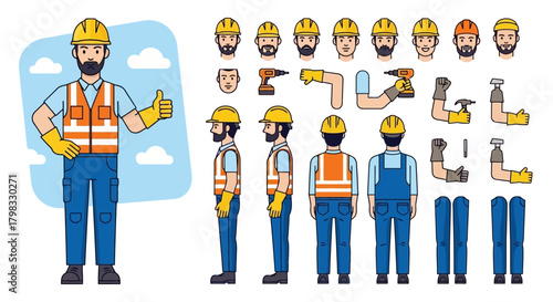 Construction Worker Character Creation Kit with Tools and Face Elements