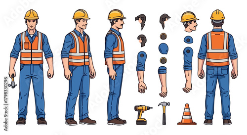 Construction Worker Cartoon Character Rig with Tools and Poses
