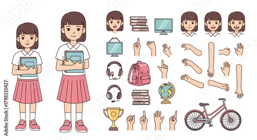 Girl Character with Poses and Accessories for Education Design