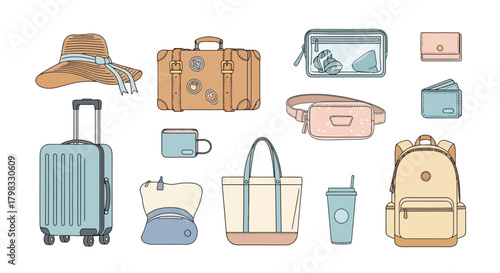 Travel Essentials Luggage, Bags, and Accessories Vector Set