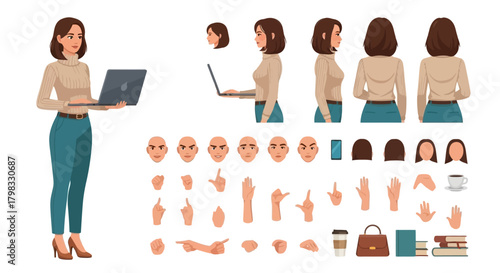 Business Woman Character Creation Set with Various Gestures and Expressions