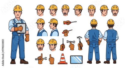 Construction Worker Character Set with Tools and Emotions
