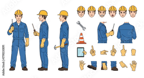Construction Worker Character Illustration with Tool Icons