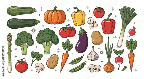 Diverse Vegetables and Produce Still Life Arrangement Asparagus, Eggplant, Carrot, Tomato, Broccoli