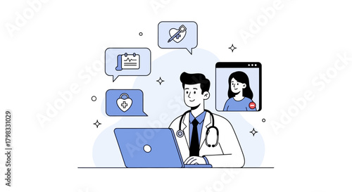 Telemedicine Doctor Consulting Patient Online Secure Virtual Healthcare Consultation Illustration