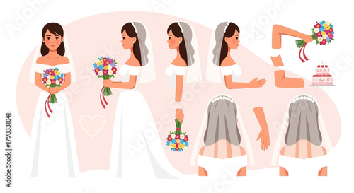 Set of Bride Character Poses in Wedding Dress with Flowers