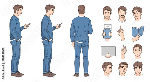 Man Posing with Phone and Book Illustration Set for Design Projects