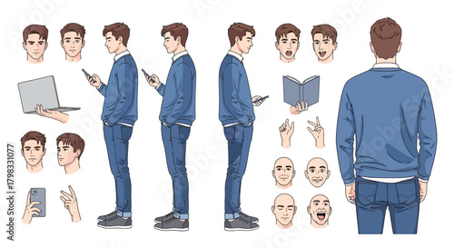 Character Sheet of a Young Man in Various Poses and Expressions