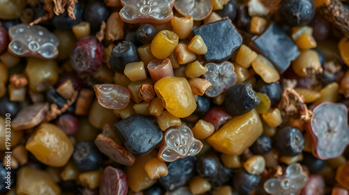 A detailed top down macro shot of grape marc the solid remains of grapes after pressing for wine consisting of skins pulp seeds and stems creating a natural texture.