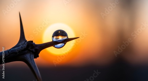 A close-up of a thorny branch with a glass sphere reflecting a sunset sky, creating a striking contrast between natural elements and artistic reflection