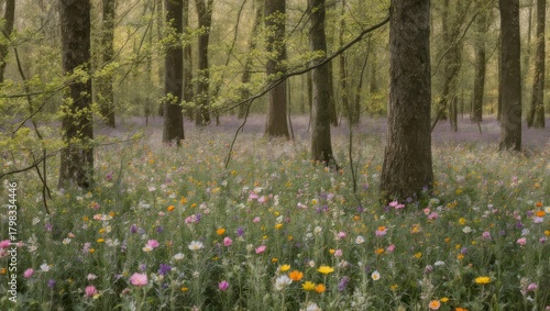 Enchanting Forest Floor Carpeted with Wildflowers in Spring Bloom.