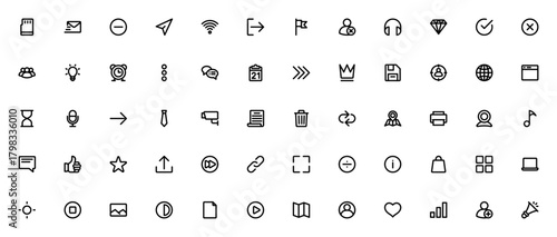 Basic UI icon set. Minimal line vector icons pack. Icludes symbols for data, uer, calendar, arrow, save,chat, star, upload, settins and more. Editable strok.