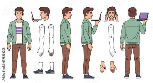 Character creation kit Animated man with laptop in green jacket