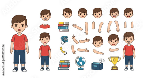 Boy Character Kit Customize a Flat Vector Child with Interchangeable Features