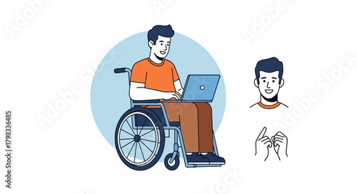 Inclusive Communication Person in Wheelchair Using Laptop with Sign Language Interpretation