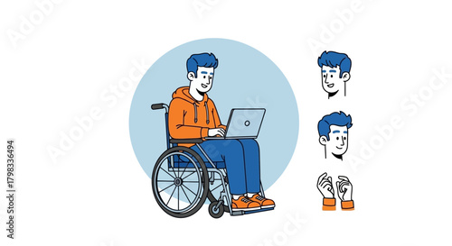 Illustration of Man in Wheelchair Using Laptop with Additional Head and Hands Poses