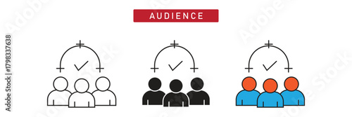 Target Audience Icon: Group of People with Arch and Checkmark, Marketing Strategy Symbol.