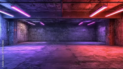 Empty concrete room illuminated by intense neon lighting