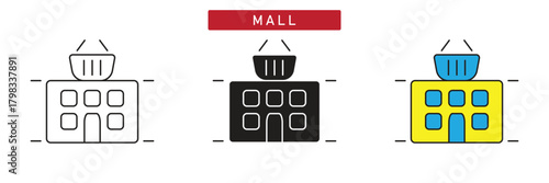 Shopping Mall Icon: Commercial Building with Basket, Retail and E-commerce Marketplace Symbol.