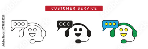Customer Service Chat Icon: Happy Face with Headset and Speech Bubble Communication Symbol.