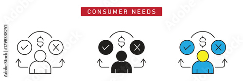 Consumer Needs Icon: User Choosing Between Money, Checkmark, and Cross Symbols.