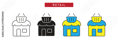 Retail Store Icon: Commercial Building with Shopping Basket on Roof, Market Place Symbol.