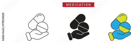 Medication Icon: Hand Holding Capsule and Tablet Pills, Pharmaceutical Drug Symbol.