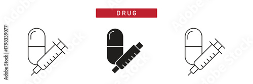 Drug Development Icon: Capsule and Syringe Symbol, Pharmaceutical Medicine Manufacturing Process.