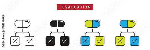 Medication Evaluation Icon: Capsule Flowchart with Checkmark and Cross Decision Symbols.