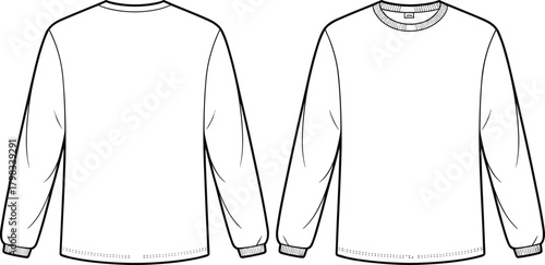 Long sleeve t-shirt technical flat sketch, detailed CAD drawing vector of front and back view, apparel clothing design illustration