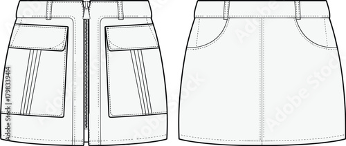 Front zip mini skirt technical flat sketch, detailed CAD drawing vector of front and back view, apparel fashion design illustration
